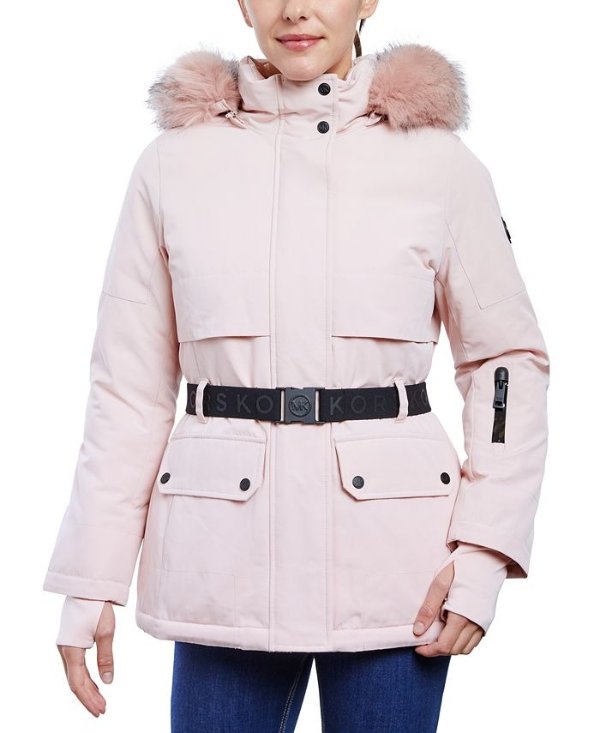 Women's Belted Hooded Faux-Fur-Trim Puffer Coat