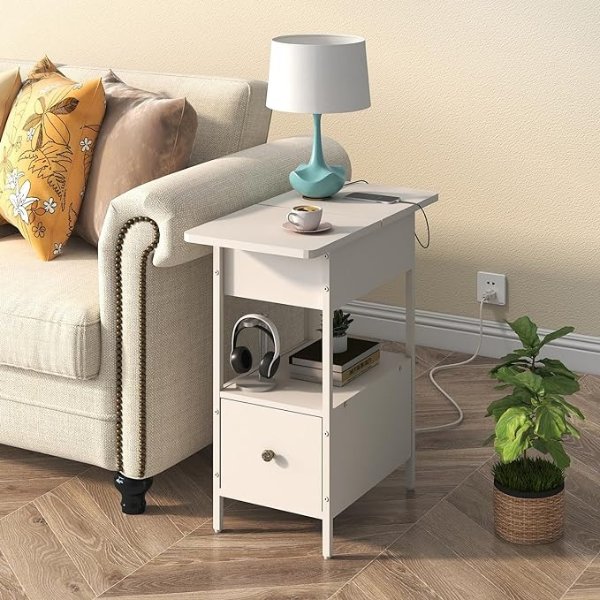 SOOWERY End Table with Charging Station, Narrow Side Table with Flip Top Cabinet and Fabric