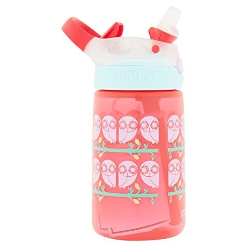 AUTOSPOUT Straw Gizmo Flip Kids Water Bottle, 14 oz, Ruby with Owls