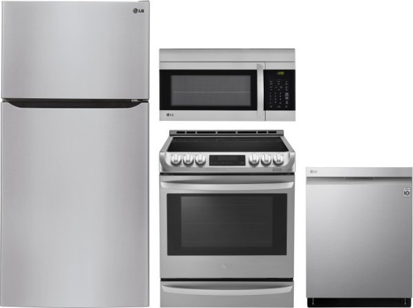LG LGRERADWMW6668 4 Piece Kitchen Appliances Package with Top Freezer Refrigerator, Electric Range, Dishwasher and Over the Range Microwave in Stainless Steel