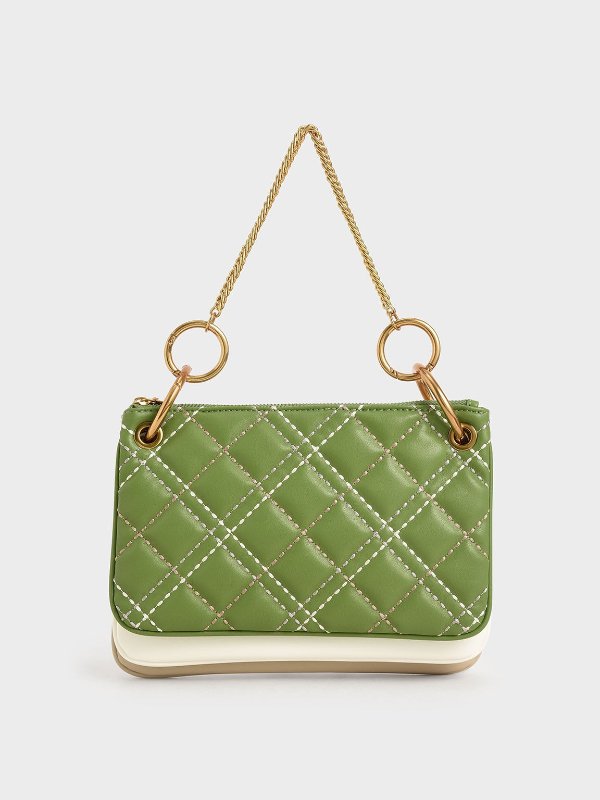 Green Quilted Metallic Handle Crossbody Bag | CHARLES &amp; KEITH