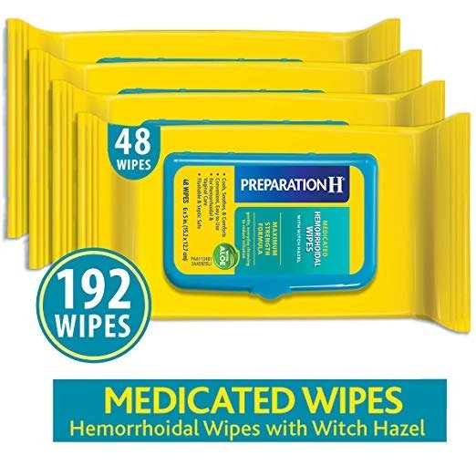 Flushable Medicated Hemorrhoid Wipes, Maximum Strength Relief with Witch Hazel and Aloe, Pouch (4 x 48 Count, 192 Count)