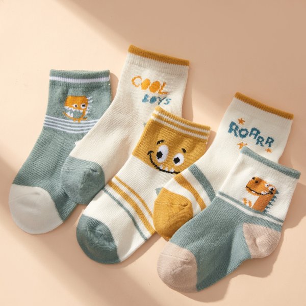 5-pack Baby / Toddler / Kid Dinosaur Striped Middle Socks