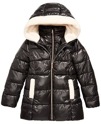Big Girls Faux-Fur-Trim Hooded Shiny Puffer Jacket