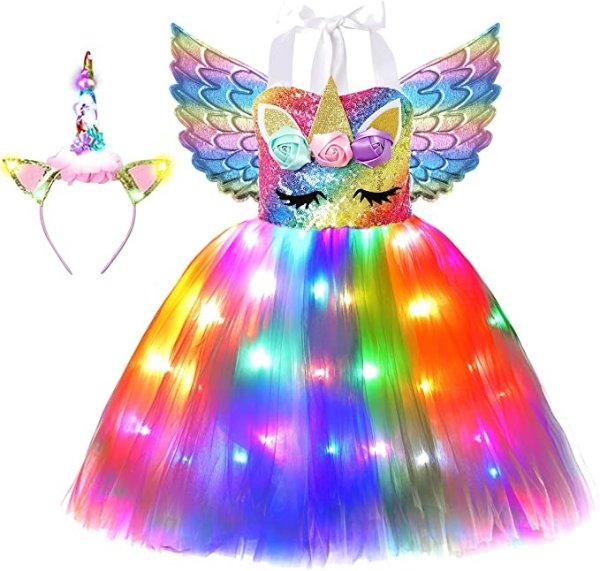 Girls Unicorn Costume LED Light Up Unicorn Princess Dress Birthday Party Outfit Halloween Rainbow Led Tutu Dress