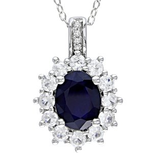 4 Carat Blue and White Sapphire & Diamond Sterling Sliver Pendant w/Chain