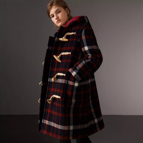 Check Wool Duffle Coat with Detachable Warmer