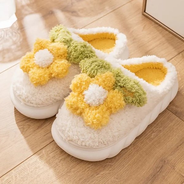 Cute Flower Decor Plush Slippers, Kawaii Cozy Closed Toe Fuzzy House Shoes, Winter Warm Home Slippers