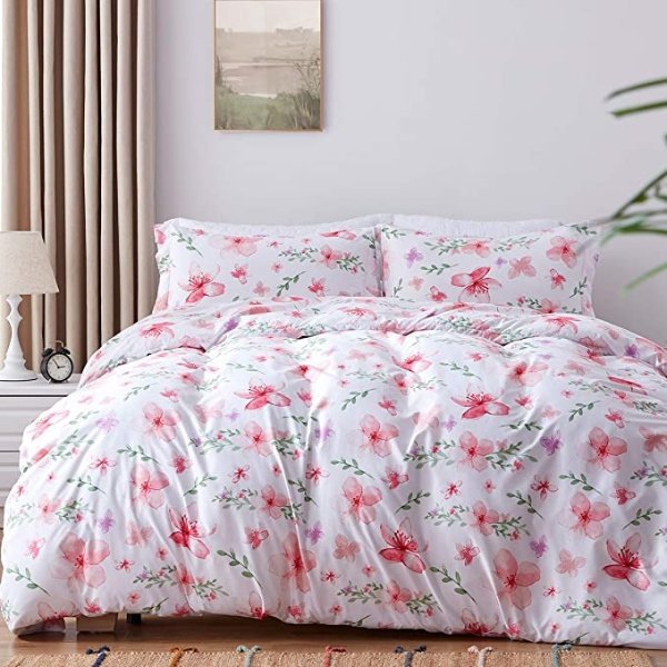 Home Duvet Cover Twin Peach Blossom Printed,100% Brushed Microfiber 2pcs Floral Pattern Bedding Set, Ultra Soft and Breathable with Zipper Closure and Corner Ties
