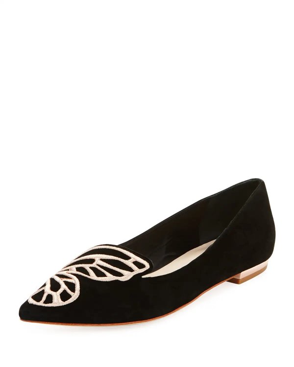 Bibi Butterfly Embroidered Suede Flat, Black/Rose Gold