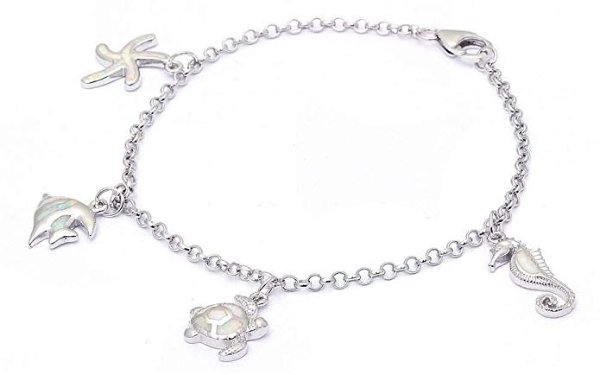 Lab Created White Opal Sea Horse, turtle, Fish, & starfish .925 Sterling Silver Bracelet