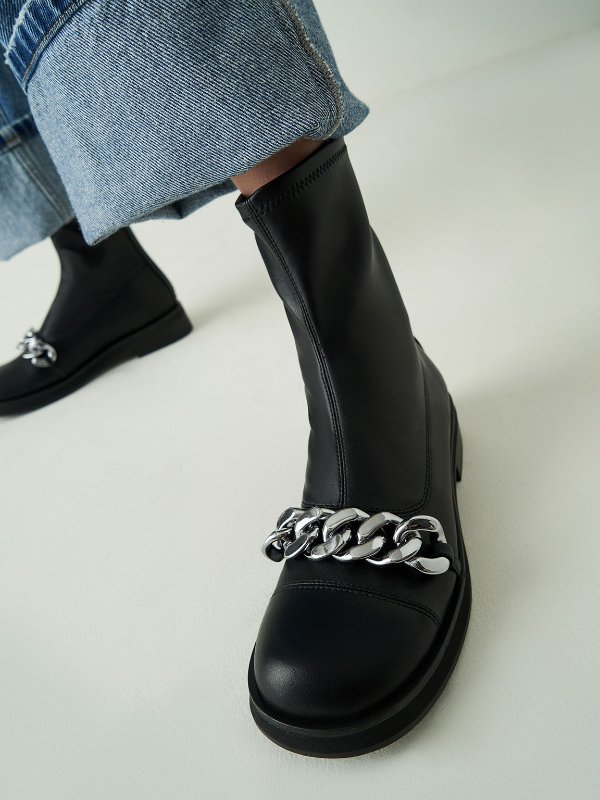 Black Chunky Chain Link Ankle Boots | CHARLES &amp; KEITH