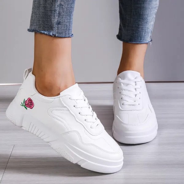 Women's Casual Sneakers, Floral Embroidery White Shoes, Low Top Lace-up Skate Shoes | Save More With Clearance Deals | Temu
