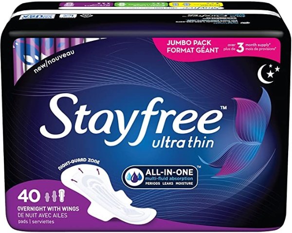 Ultra Thin Overnight Pads with Wings, For Women, Reliable Protection and Absorbency of Feminine Moisture, Leaks and Periods, 40 count - Pack of 3