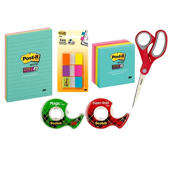 and Scotch Brand Essentials Pack, Office Supplies, IncludesSuper Sticky Notes,Flags, Scotch Magic and Super Hold Tape, and Scotch Multi-Purpose Scissors (Anywhere-SIOC)