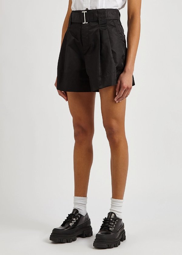 Black belted taffeta shorts