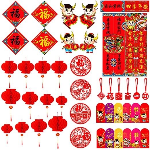 Chinese New Year Decorations(52 PCS)- Red Envelopes Paper Red Lanterns Chinese Couplets Spring Festival Couplets Fu NIU Chinese Fu Character Static Electricity Paper Window