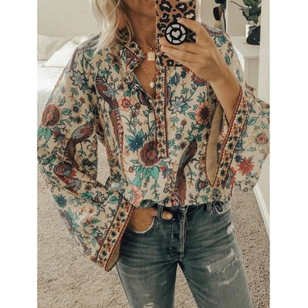12.68US $ 50% OFF|Cinessd 2020 Women Print Blouses Casual Loose Tops Stand V Neck Long Sleeves Button Plus Size Pullover Female Tee Shirts Blouse - Blouses & Shirts - AliExpress