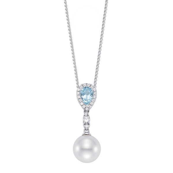 Freshwater Cultured 8-8.5mm Pearl, Diamond & Blue Topaz 14kt White Gold Necklace