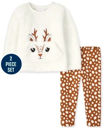Toddler Girls Long Sleeve Reindeer Sherpa Top And Print Knit Leggings 2-Piece Set | The Children's Place - BUNNYS TAIL