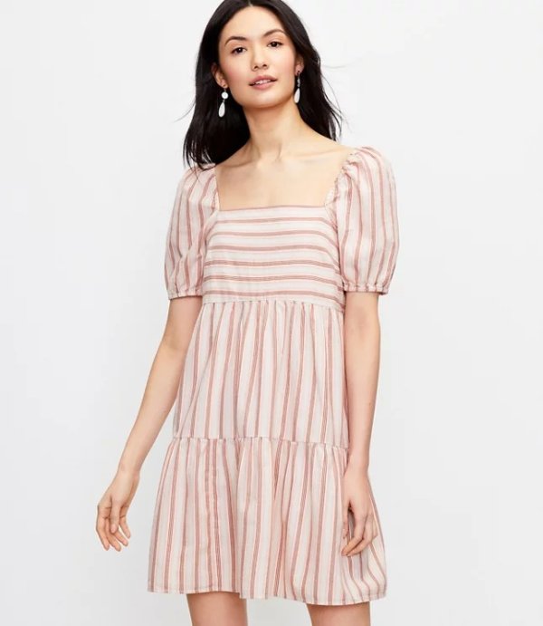 Striped Square Neck Puff Sleeve Dress | LOFT