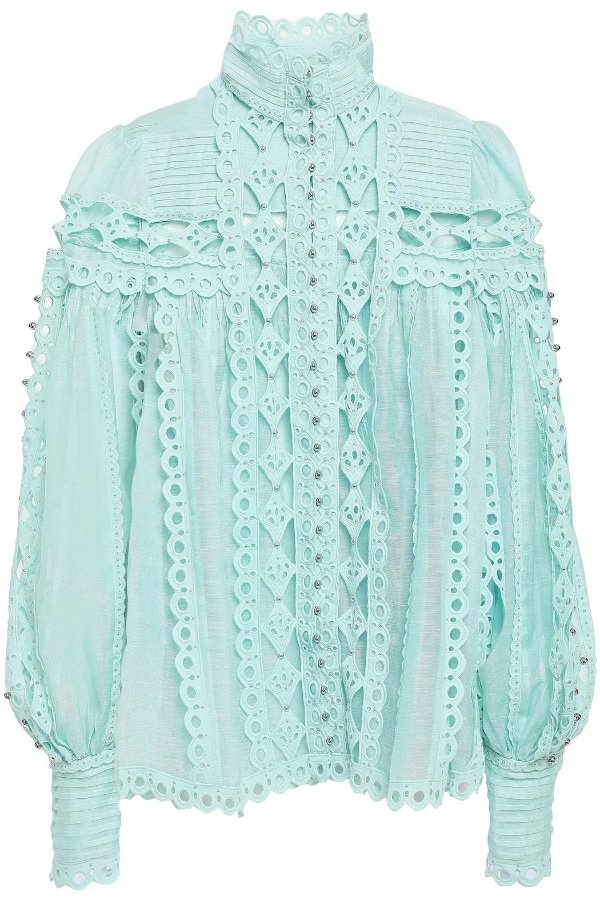 Moncur studded paneled broderie anglaise cotton blouse
