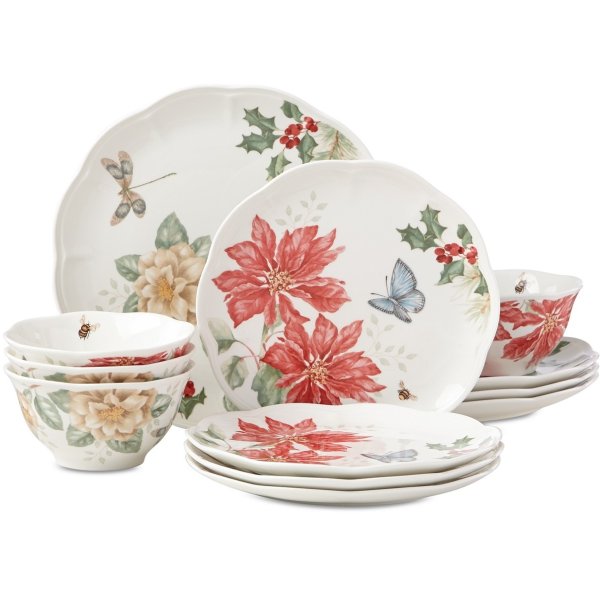 Butterfly Meadow Holiday 12-Piece Dinnerware Set Poinsettias and Jasmine Design, Created for Macy's