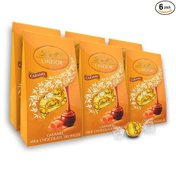 LINDOR Caramel Milk Chocolate Truffles, Milk Chocolate Candy with Smooth, Melting Truffle Center, 5.1 oz. Bag (6 Pack)