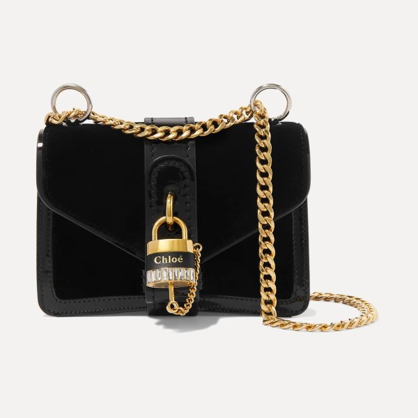 Aby Chain mini patent leather-trimmed velvet shoulder bag