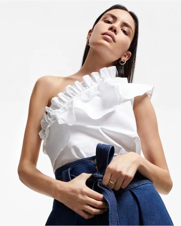 One Shoulder Ruffle Top in Optic White