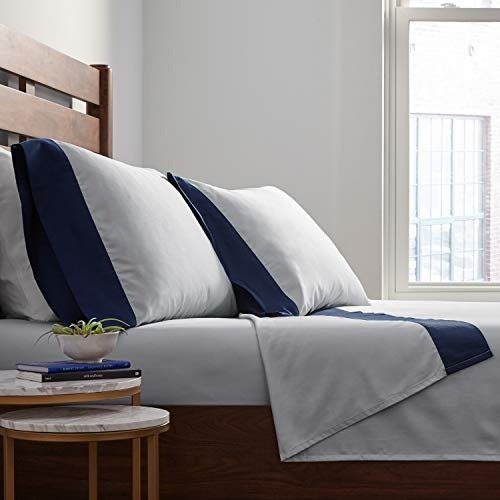 Color Block 100% Supima Cotton Bed Sheet Set, Full, Cloud Blue / Navy