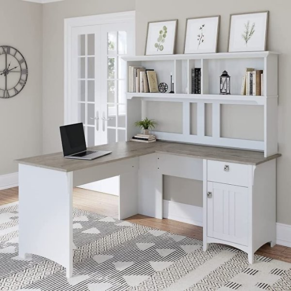 Salinas L Shaped Desk with Hutch, 60W, Pure White and Shiplap Gray
