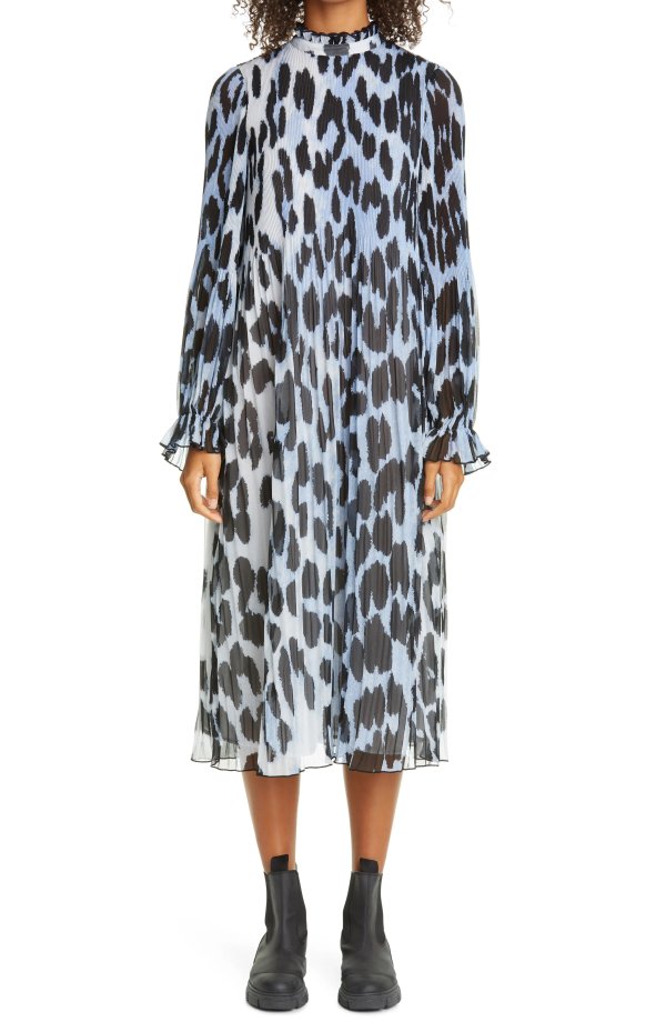 Leopard Print Sheer Georgette Long Sleeve Midi Dress