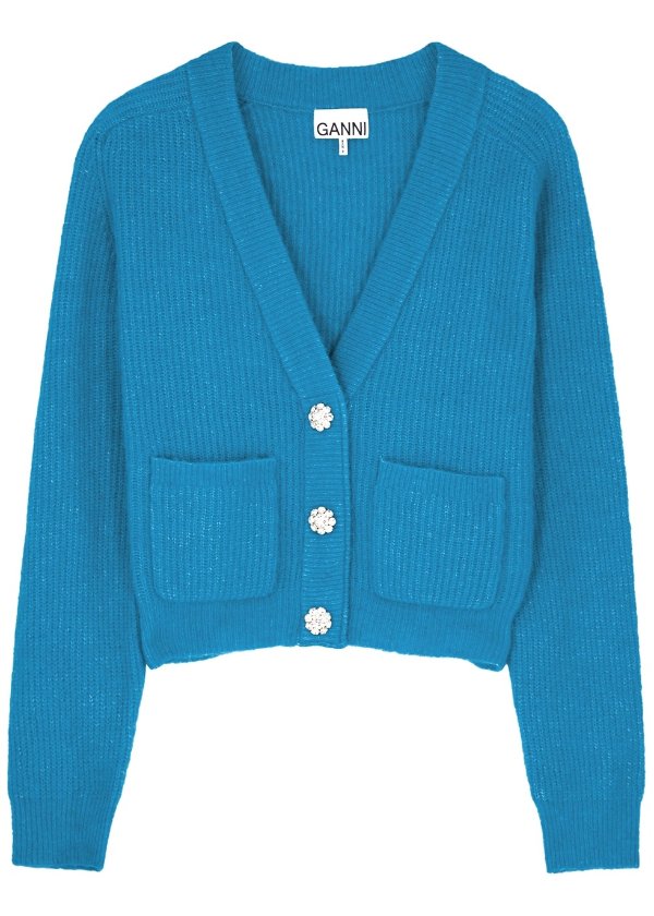 Blue embellished wool-blend cardigan
