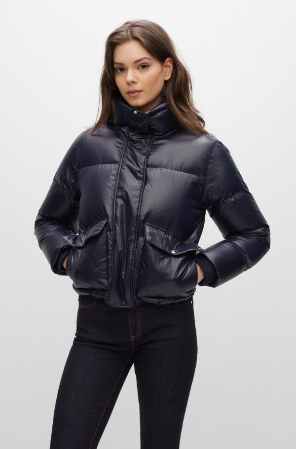High-shine water-repellent down jacket with polished trims