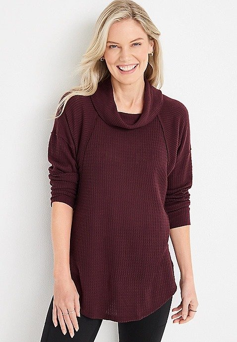 Wayside Solid Waffle Cowl Neck Top