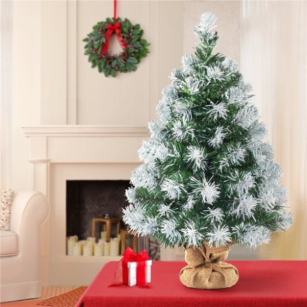 2 Ft Prelit Frosted Tabletop Mini Artificial Christmas Tree Holiday Decoration with Cement Base, Green