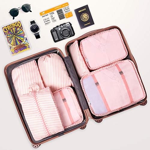 Packing Cubes 7Pcs/Set Travel Luggage Packing Organizers Set for Men and Women (Pink Stripe)