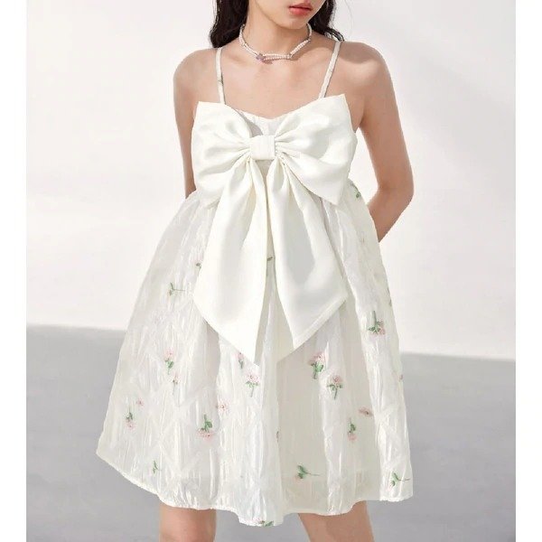 Pearlescent Strap Floral Bow Dress