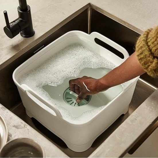 Wash & Drain Kitchen Dish Tub Wash Basin with Handles and Draining Plug, 9 liters, Stone/Sage Green