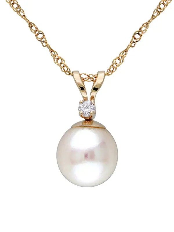 14K Yellow Gold, 7-7.5MM Freshwater Pearl & Diamond Pendant Necklace