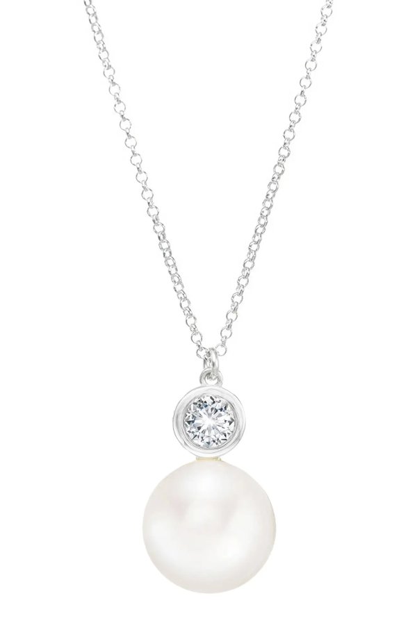 Sterling Silver CZ 8-8.5mm Cultured Pearl Pendant Necklace