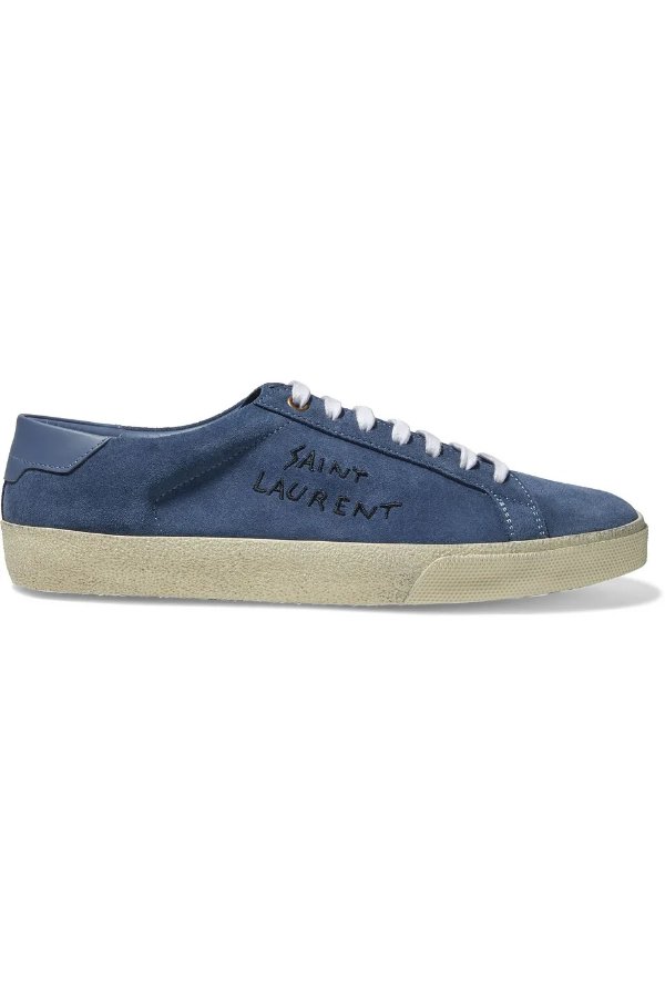 Court Classic leather-trimmed embroidered suede sneakers