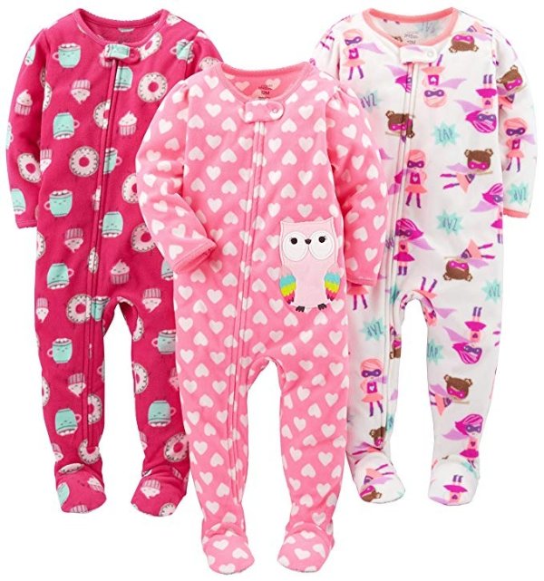 Baby and Toddler Girls' 3-Pack Loose Fit Fleece Footed Pajamas