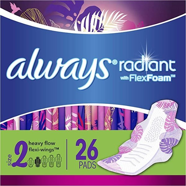 Radiant Feminine Pads for Women, Size 2, 78 Count, Heavy Flow Absorbency, with Flexfoam Wings, Light Clean Scent, 26 Count, Pack of 3 - 78 Count Total)
