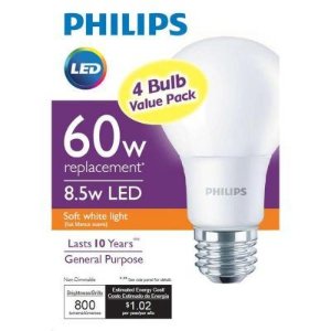 飞利浦Philips60瓦暖白色(2700K)A19 LED节能灯泡4个