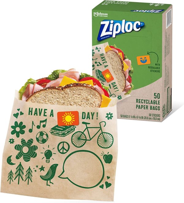 Ziploc Paper Sandwich Bags, Recyclable and Sealable with Fun Designs, 50 Count