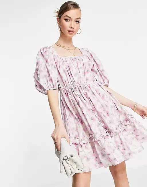 organic cotton floral print smock mini dress in pink