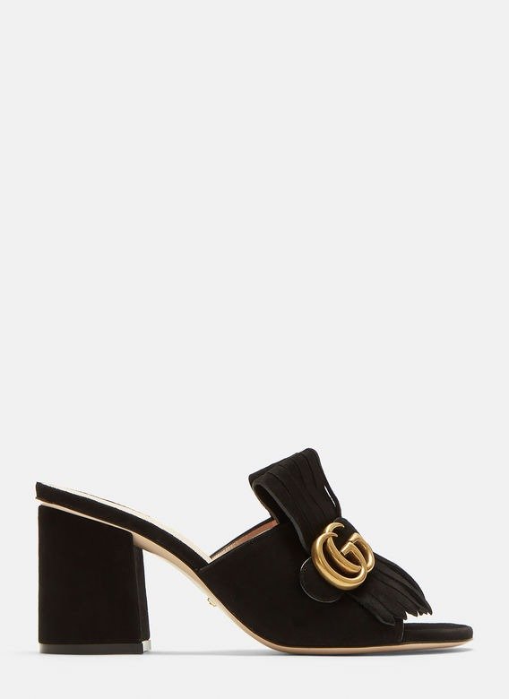 GG Mid-heel Fringed Marmont Mules in Black | LN-CC