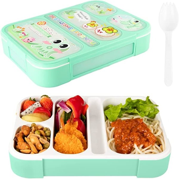 (Clearance）Bento Box Lunch Boxes for Kids Girls Boys Toddlers,Durable Leak-proof Bento Lunch Boxes,BPA-Free with 5 Cup Separate compartments & Fork Snack Container Box (green)